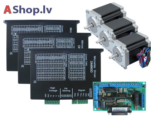 Komplekts Nr1, 3x soļu motori NEMA23 DW57HS93-3004A, 3x kontrolieri DM860D, 1x breakoutboard