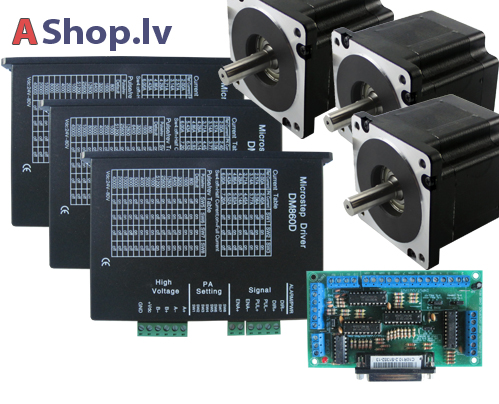 Komplekts Nr2, 3x soļu motori NEMA34 DW86HS118- 6004, 3x kontrolieri DM860D, 1x breakoutboard