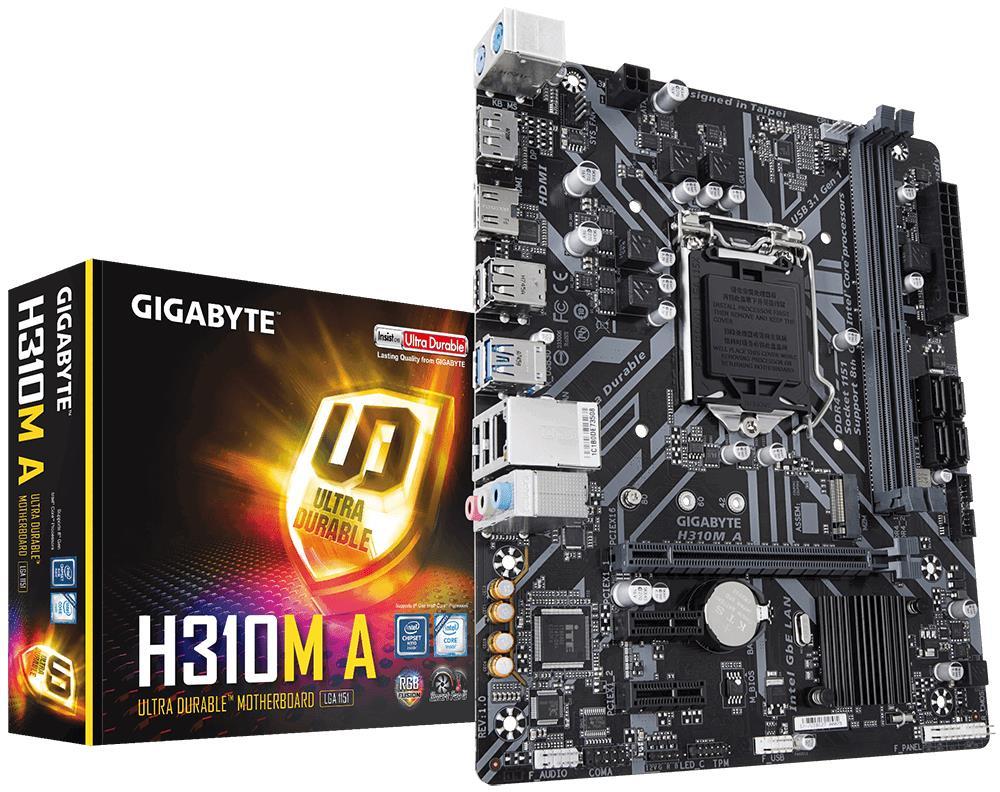 Mainboard|GIGABYTE|Intel H310 Express|LGA1151|MicroATX|2xPCI-Express 1x|1xPCI-Express 16x|1xM.2|Memory DDR4|Memory slots 2|1xHDMI|1xDisplayPort|4xUSB 2.0|2xUSB 3.1|2xPS/2|1xRJ45|3xAudio port|H310MA