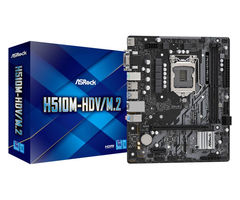 Mainboard|ASROCK|Intel H510|LGA1200|1xPCI-Express 3.0 1x|1xPCI-Express 4.0 16x|1xM.2|Memory DDR4|Memory slots 2|1x15pin D-sub|1xDVI|1xHDMI|2xAudio-In|1xAudio-Out|4xUSB 2.0|2xUSB 3.2|2xPS/2|1xRJ45|H510M-HDV/M.2
