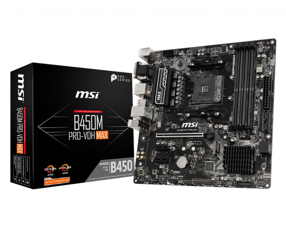 Mainboard|MSI|AMD B450|SAM4|MicroATX|2xPCI-Express 2.0 1x|1xPCI-Express 3.0 16x|1xM.2|Memory DDR4|Memory slots 4|1x15pin D-sub|1xDVI|1xHDMI|4xUSB 2.0|4xUSB 3.2|1xPS/2|1xRJ45|3xAudio port|B450MPRO-VDHMAX