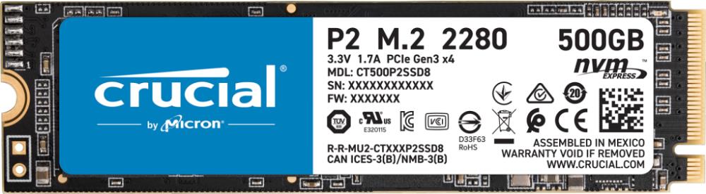 SSD|CRUCIAL|P2|500GB|M.2|PCIE|NVMe|Write speed 940 MBytes/sec|Read speed 2300 MBytes/sec|CT500P2SSD8