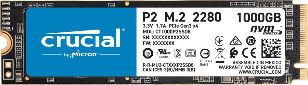 SSD|CRUCIAL|P2|1TB|M.2|PCIE|NVMe|Write speed 1800 MBytes/sec|Read speed 2400 MBytes/sec|CT1000P2SSD8