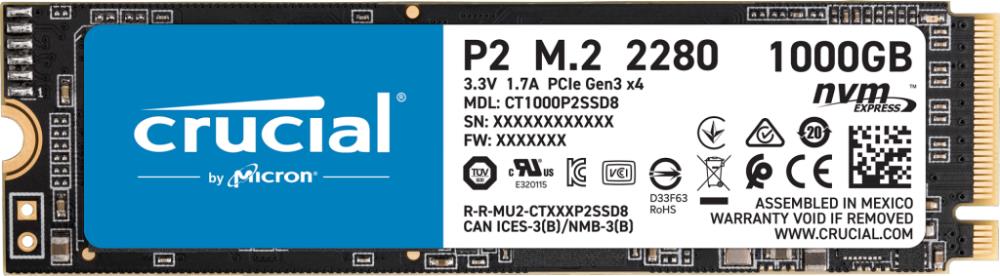 SSD|CRUCIAL|P2|1TB|M.2|PCIE|NVMe|Write speed 1800 MBytes/sec|Read speed 2400 MBytes/sec|CT1000P2SSD8