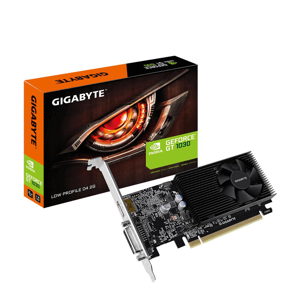 Graphics Card|GIGABYTE|NVIDIA GeForce GT 1030|2 GB|64 bit|PCIE 3.0 16x|GDDR4|Memory 2100 MHz|GPU 1177 MHz|Single Slot Fansink|1xDVI|1xHDMI|GV-N1030D4-2GL