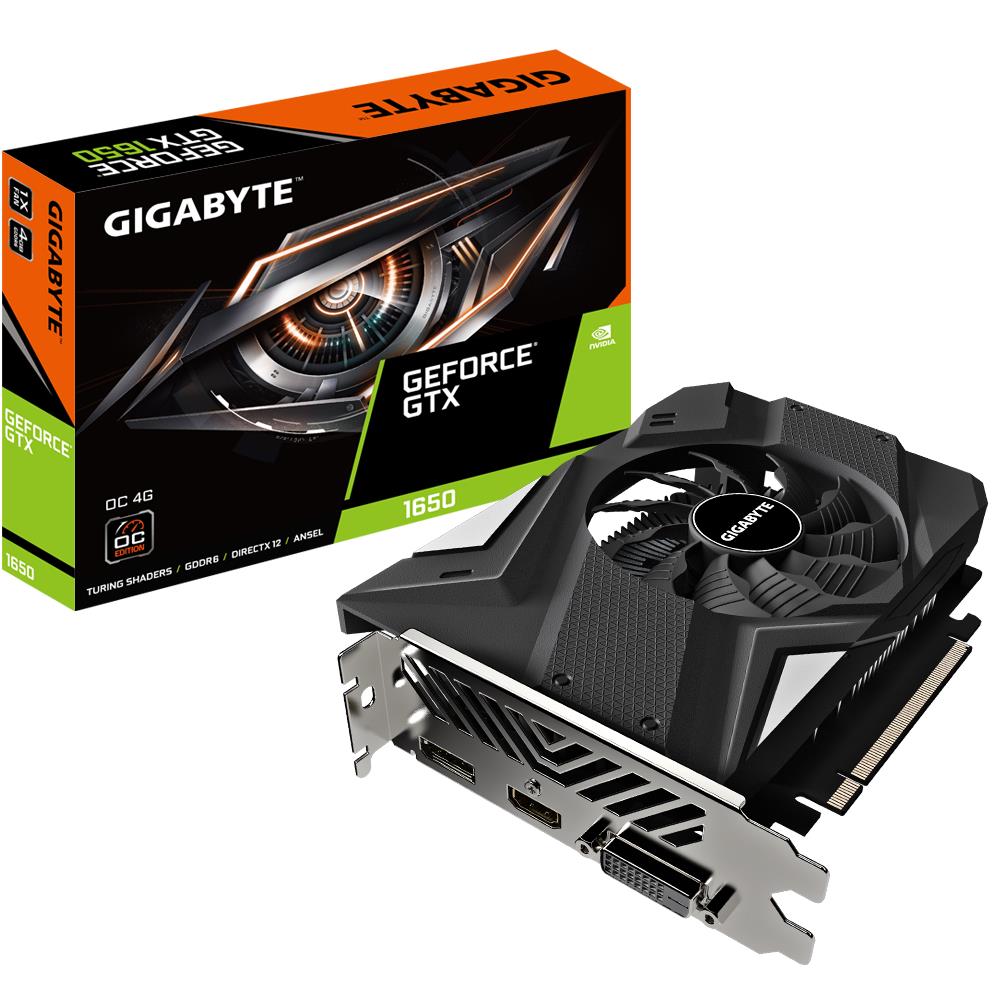 Graphics Card|GIGABYTE|NVIDIA GeForce GTX 1650|4 GB|128 bit|PCIE 3.0 16x|GDDR6|Memory 12000 MHz|GPU 1635 MHz|Dual Slot Fansink|1xDVI|1xHDMI|1xDisplayPort|GV-N1656OC-4GDV2.0